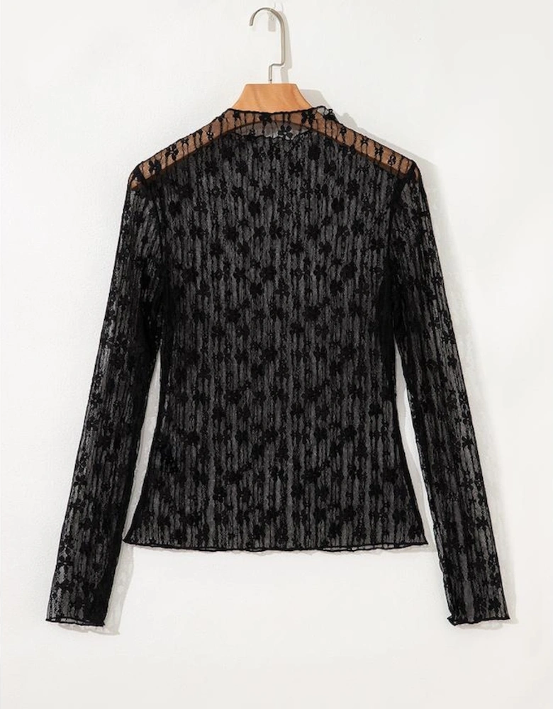 Black Sheer Floral Lace Long Sleeve Slim Fit Top