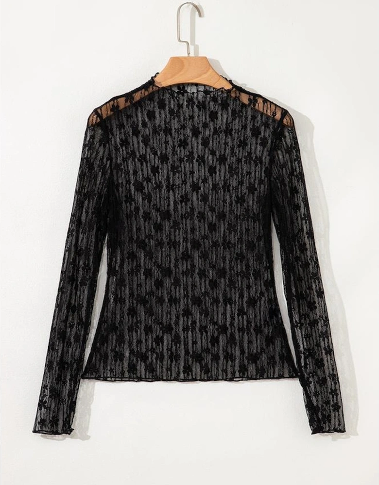 Black Sheer Floral Lace Long Sleeve Slim Fit Top