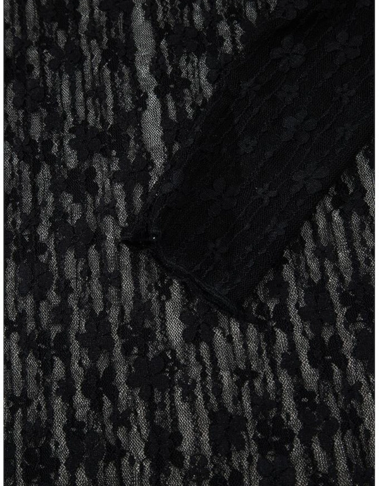 Black Sheer Floral Lace Long Sleeve Slim Fit Top