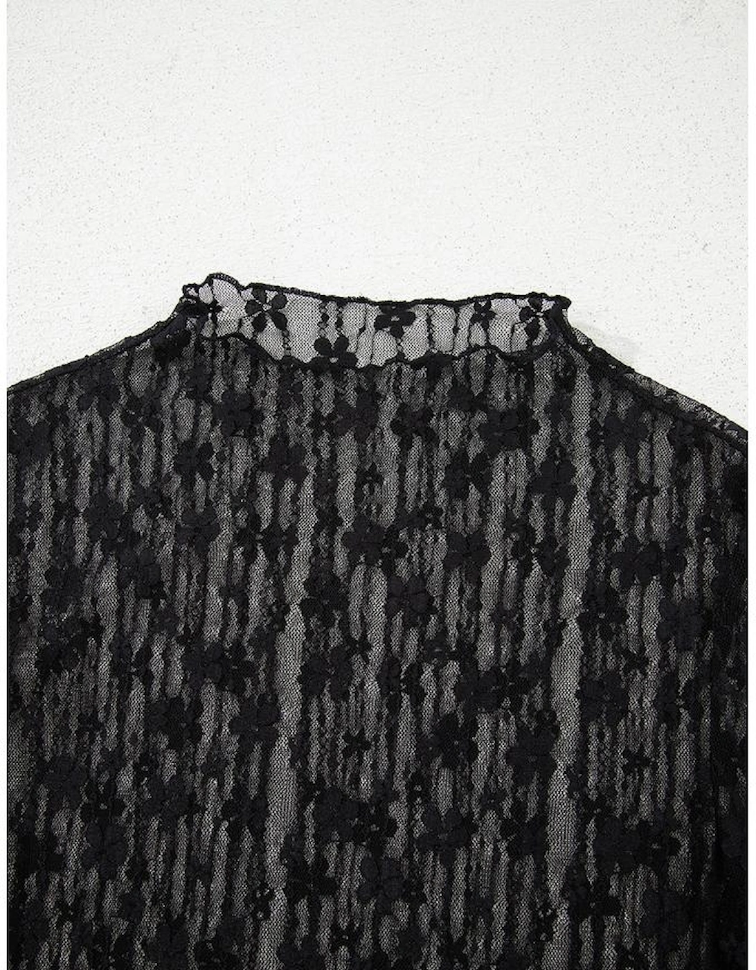 Black Sheer Floral Lace Long Sleeve Slim Fit Top