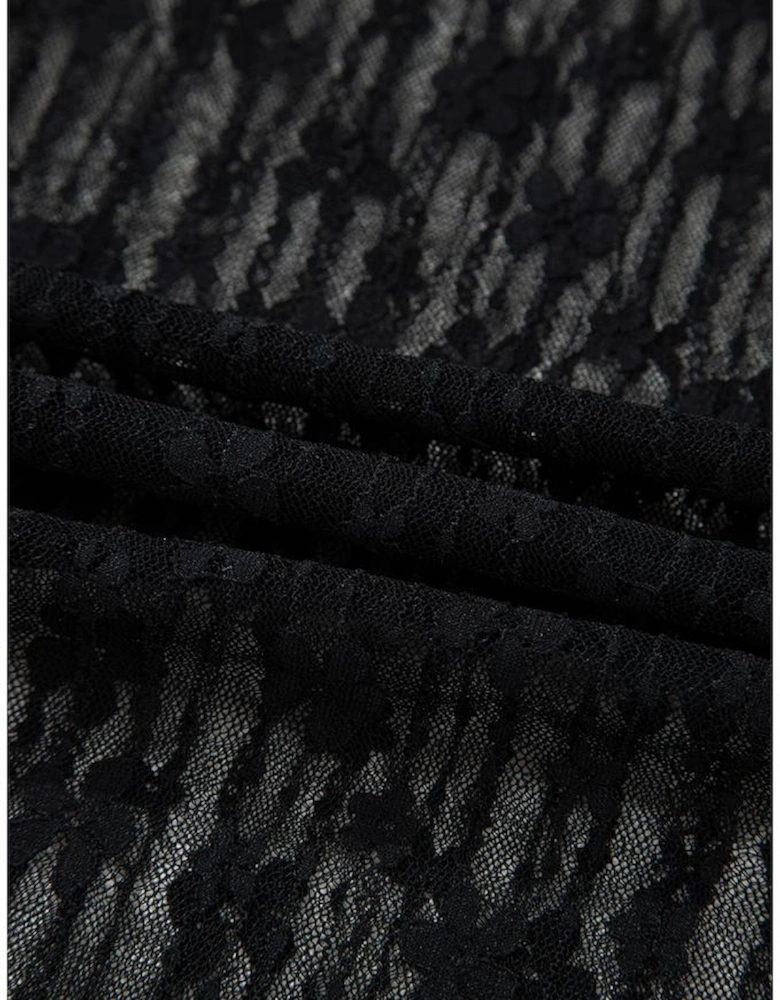 Black Sheer Floral Lace Long Sleeve Slim Fit Top