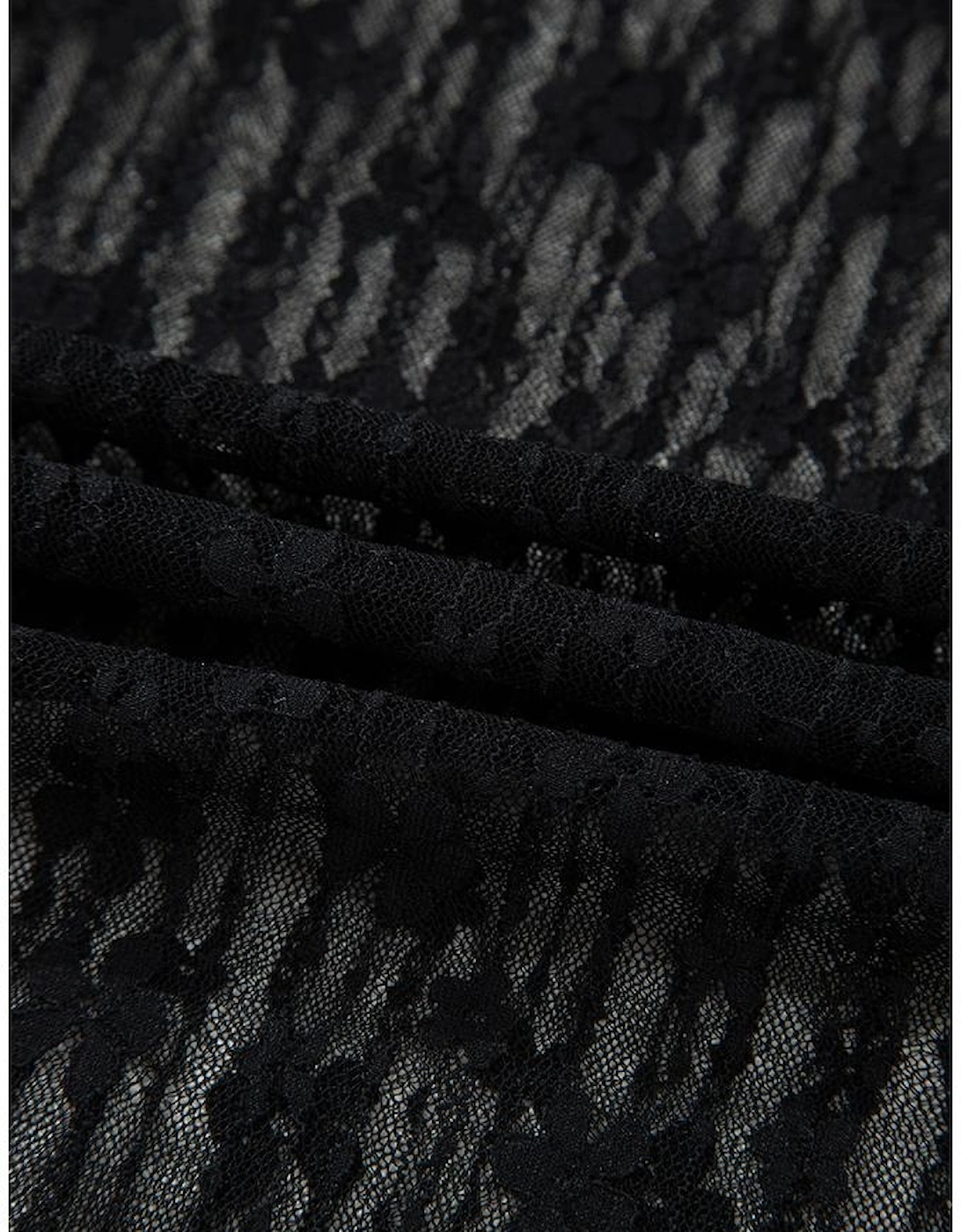 Black Sheer Floral Lace Long Sleeve Slim Fit Top