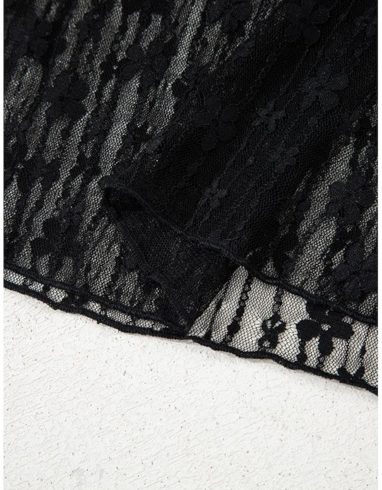 Black Sheer Floral Lace Long Sleeve Slim Fit Top