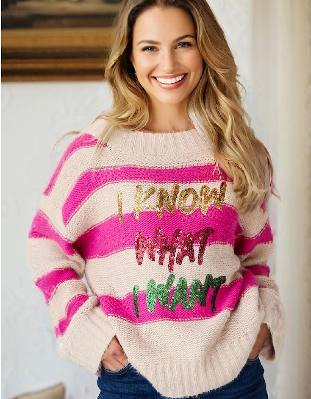 Rose Red I KNOW WAHT I WAT Sequin Letter Graphic Colorblock Loose Sweater