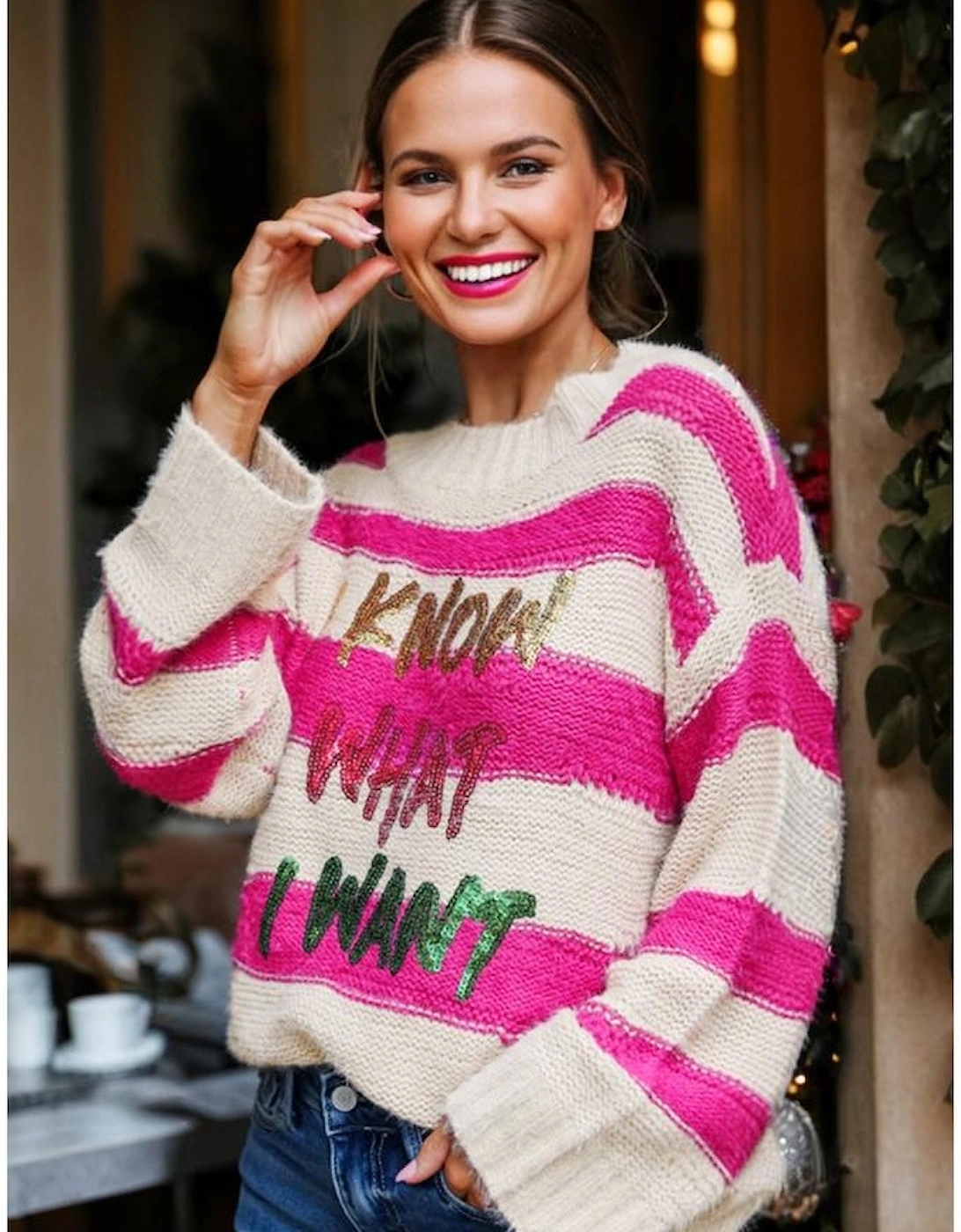 Rose Red I KNOW WAHT I WAT Sequin Letter Graphic Colorblock Loose Sweater, 12 of 11
