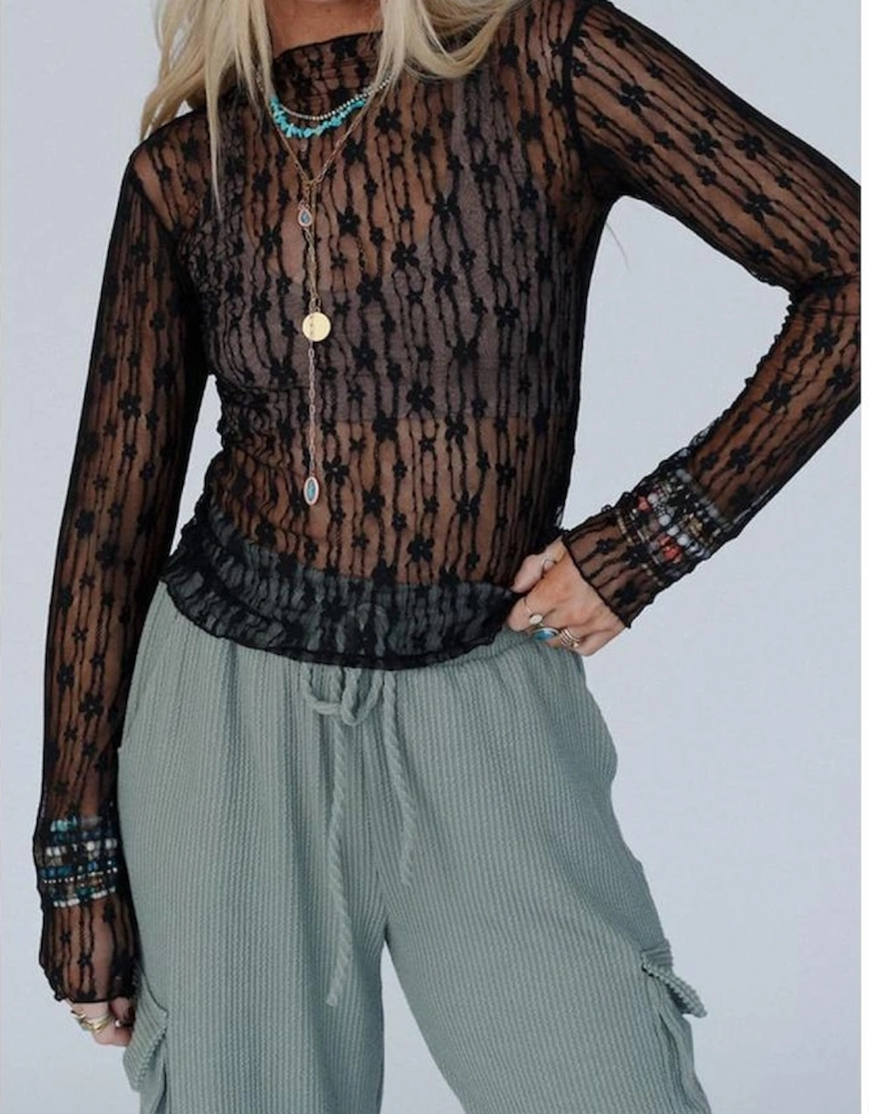 Black Sheer Floral Lace Long Sleeve Slim Fit Top