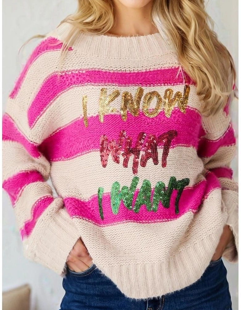 Rose Red I KNOW WAHT I WAT Sequin Letter Graphic Colorblock Loose Sweater
