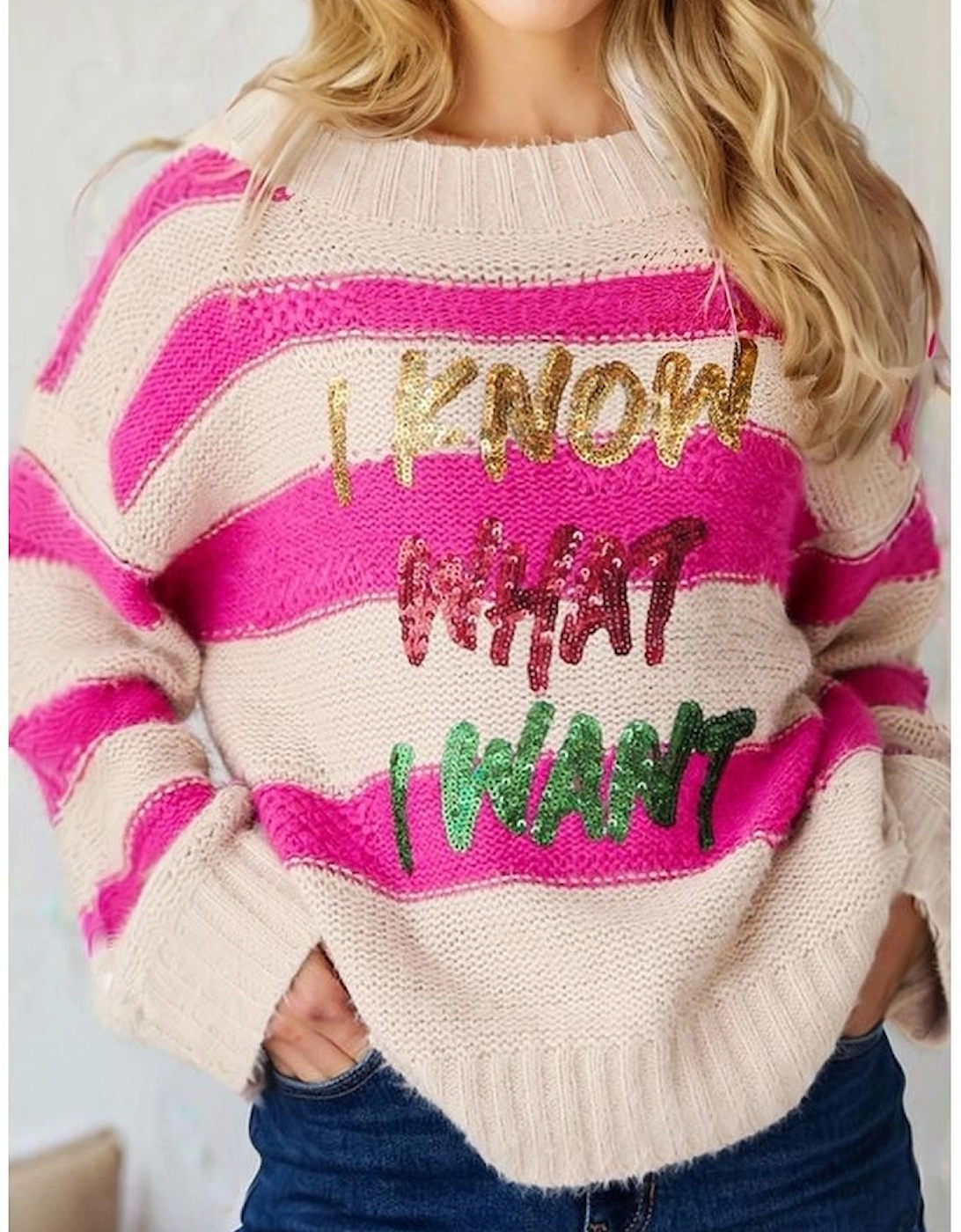 Rose Red I KNOW WAHT I WAT Sequin Letter Graphic Colorblock Loose Sweater