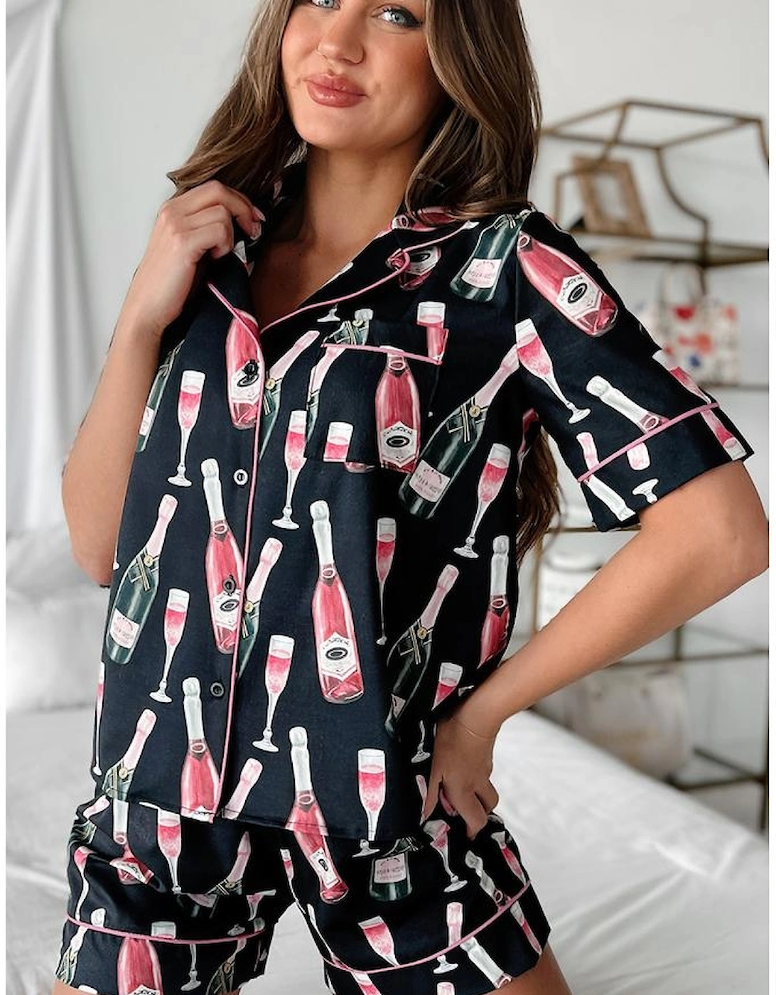 Black Champagne Print Silky Short Sleeve Pajamas Set