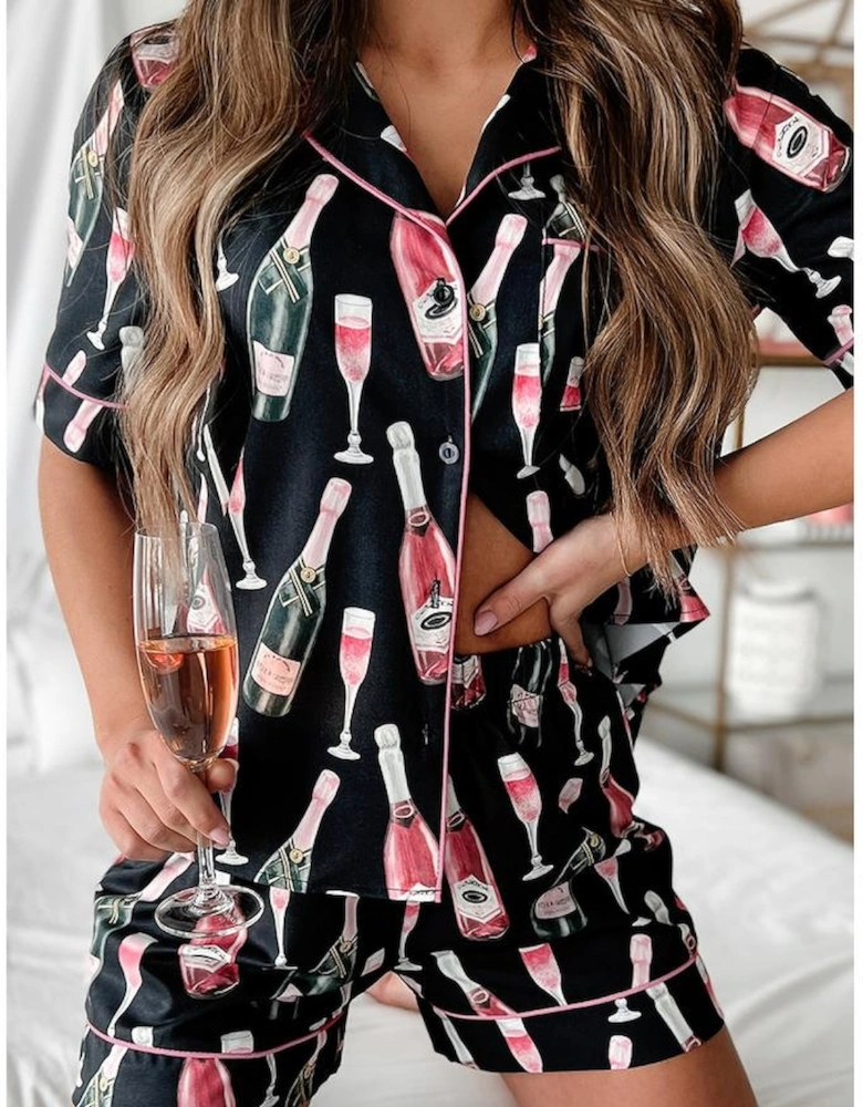 Black Champagne Print Silky Short Sleeve Pajamas Set