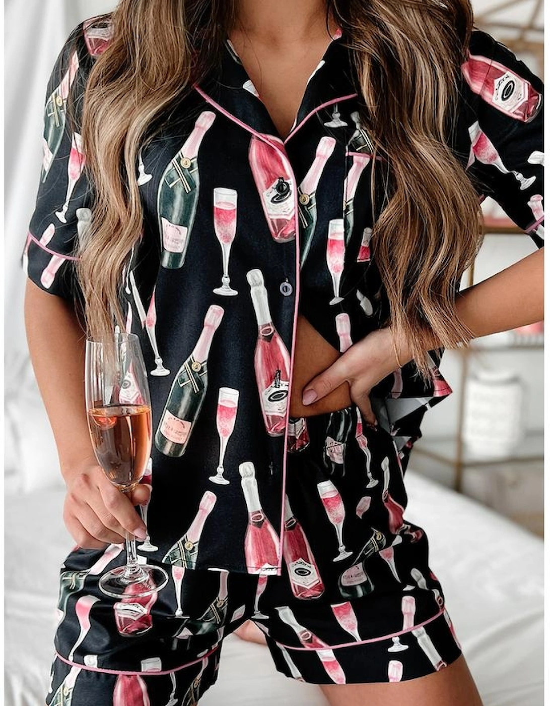 Black Champagne Print Silky Short Sleeve Pajamas Set