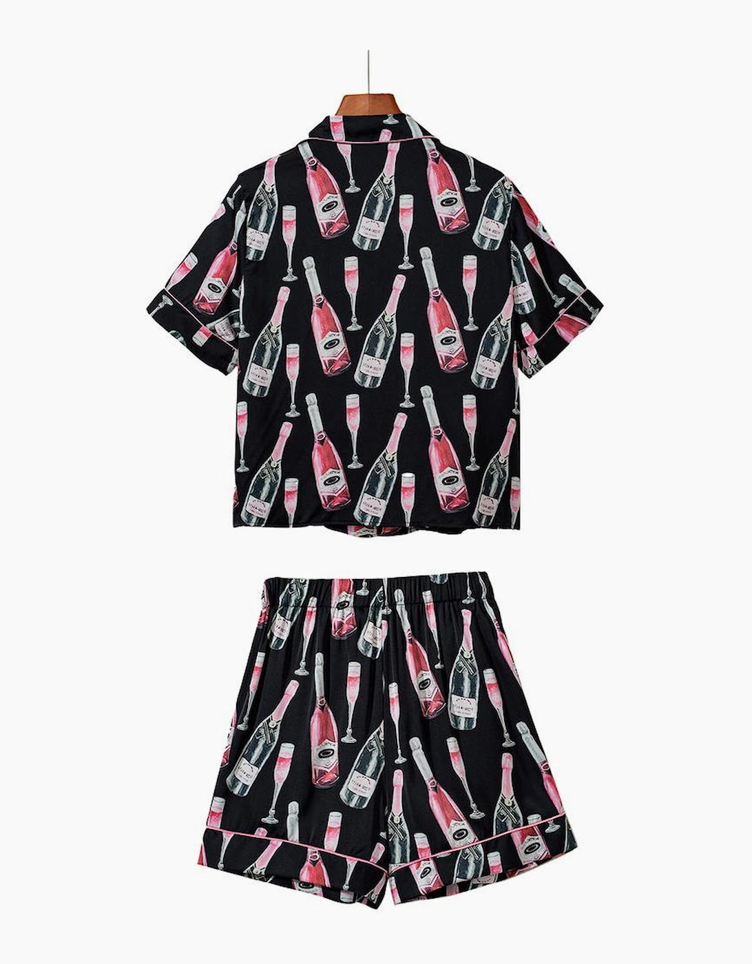 Black Champagne Print Silky Short Sleeve Pajamas Set