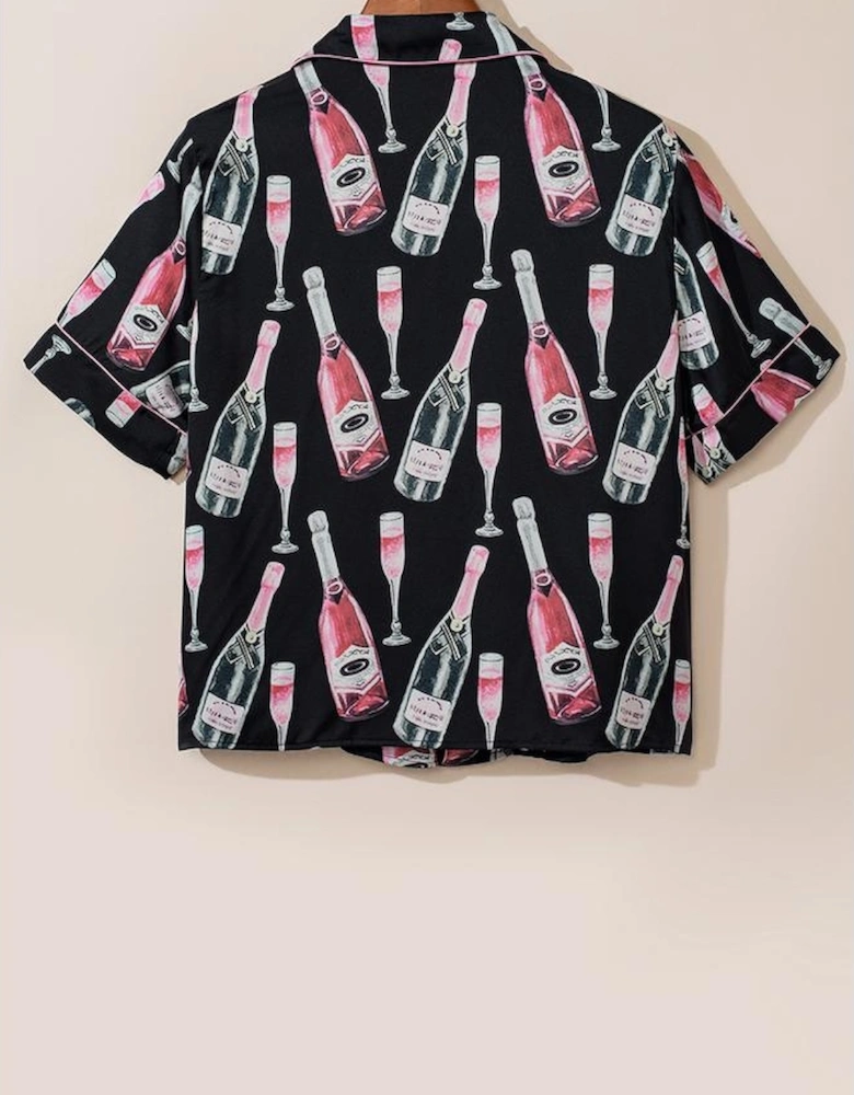 Black Champagne Print Silky Short Sleeve Pajamas Set