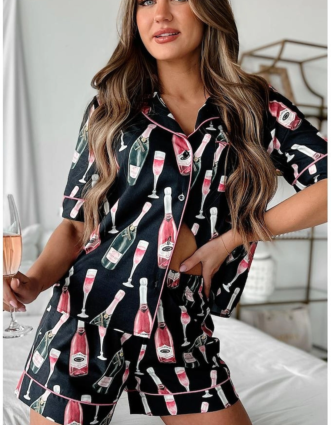Black Champagne Print Silky Short Sleeve Pajamas Set