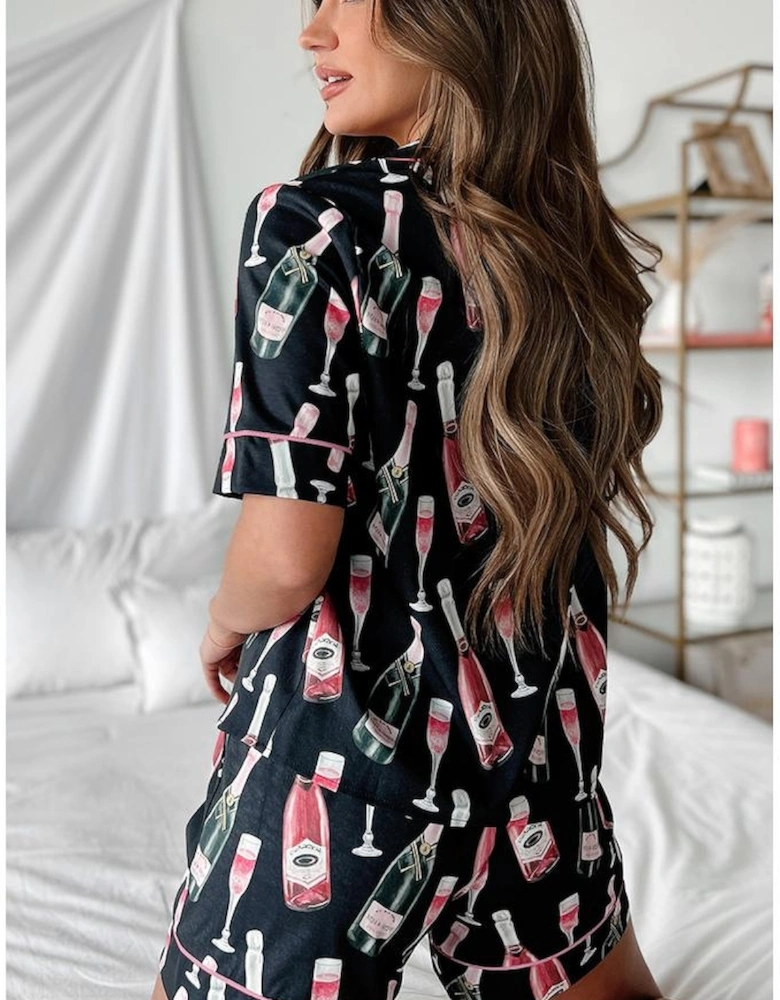 Black Champagne Print Silky Short Sleeve Pajamas Set