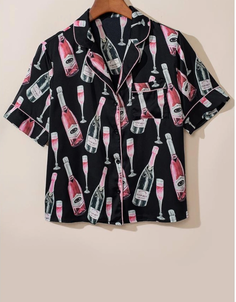 Black Champagne Print Silky Short Sleeve Pajamas Set
