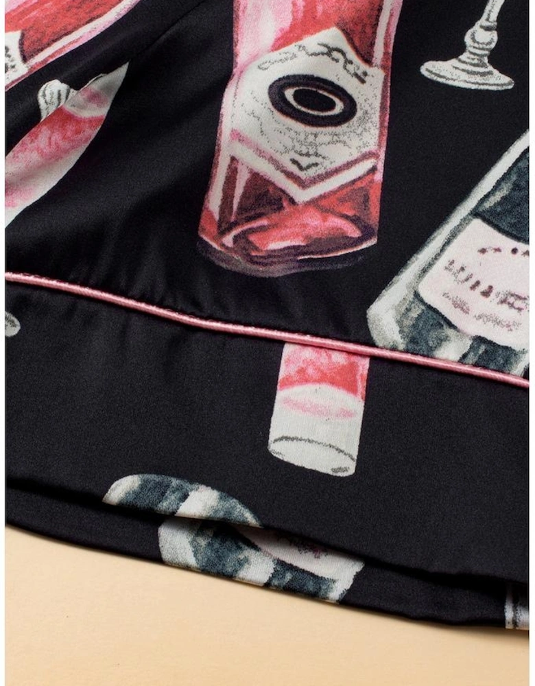 Black Champagne Print Silky Short Sleeve Pajamas Set