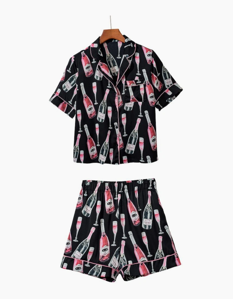 Black Champagne Print Silky Short Sleeve Pajamas Set