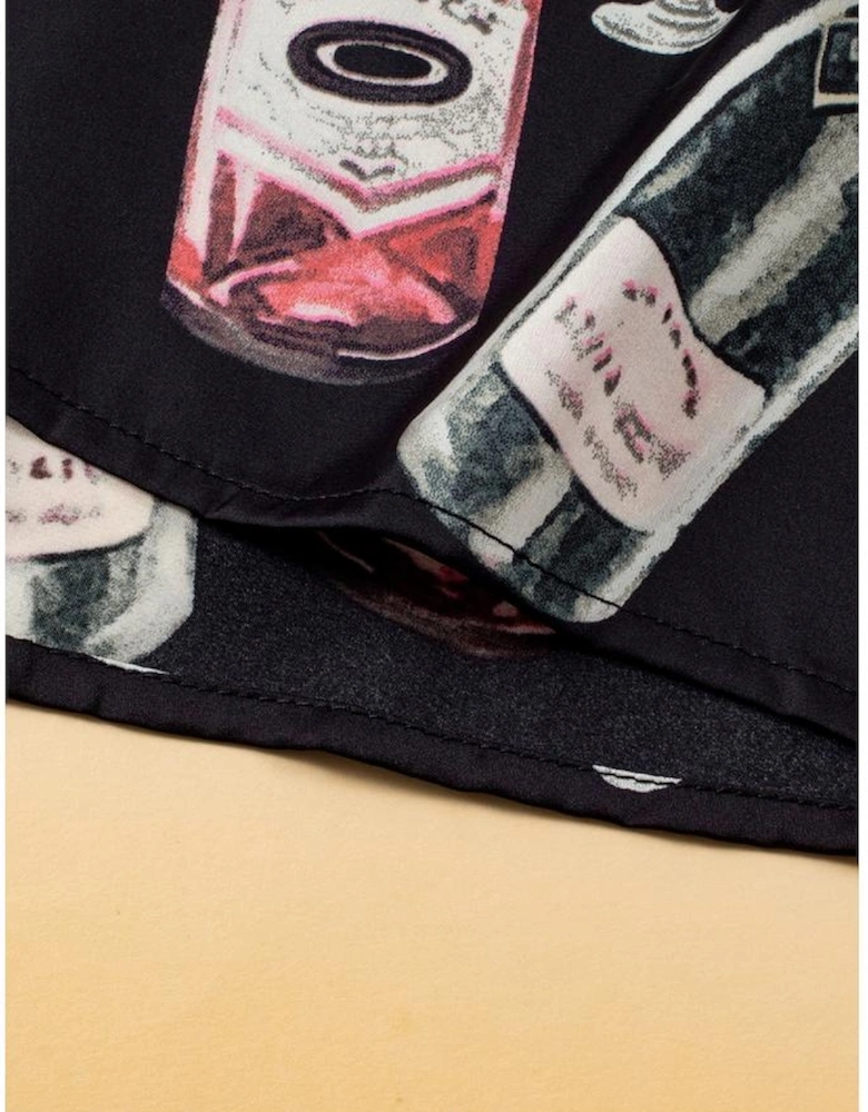 Black Champagne Print Silky Short Sleeve Pajamas Set