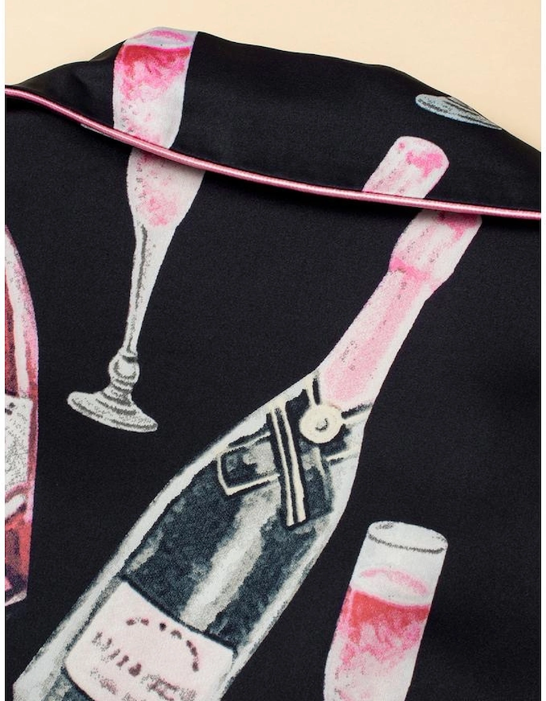 Black Champagne Print Silky Short Sleeve Pajamas Set