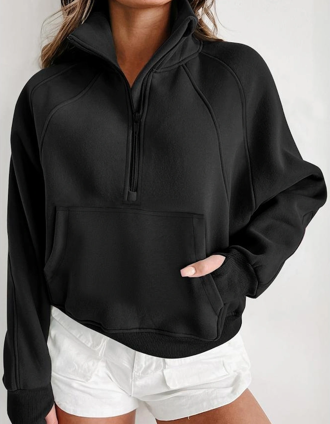 Black Quarter Zip Stand Neck Kangaroo Pocket Sweatshirt