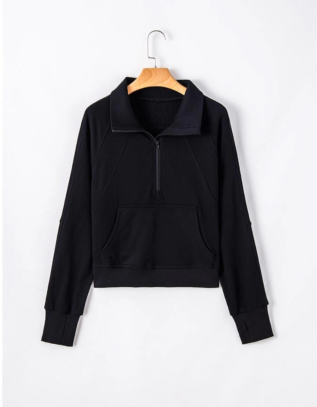 Black Quarter Zip Stand Neck Kangaroo Pocket Sweatshirt