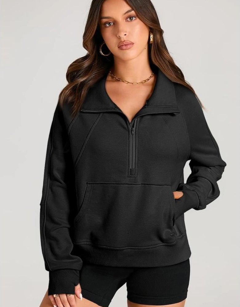 Black Quarter Zip Stand Neck Kangaroo Pocket Sweatshirt