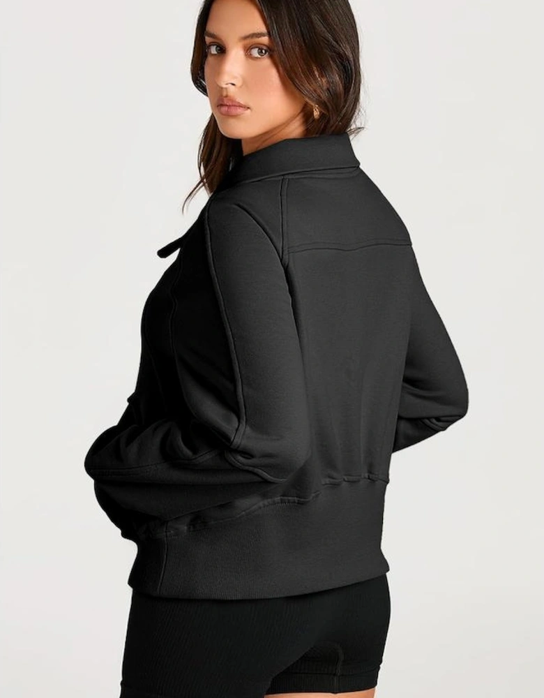 Black Quarter Zip Stand Neck Kangaroo Pocket Sweatshirt