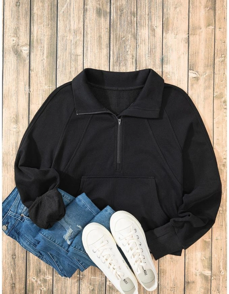 Black Quarter Zip Stand Neck Kangaroo Pocket Sweatshirt