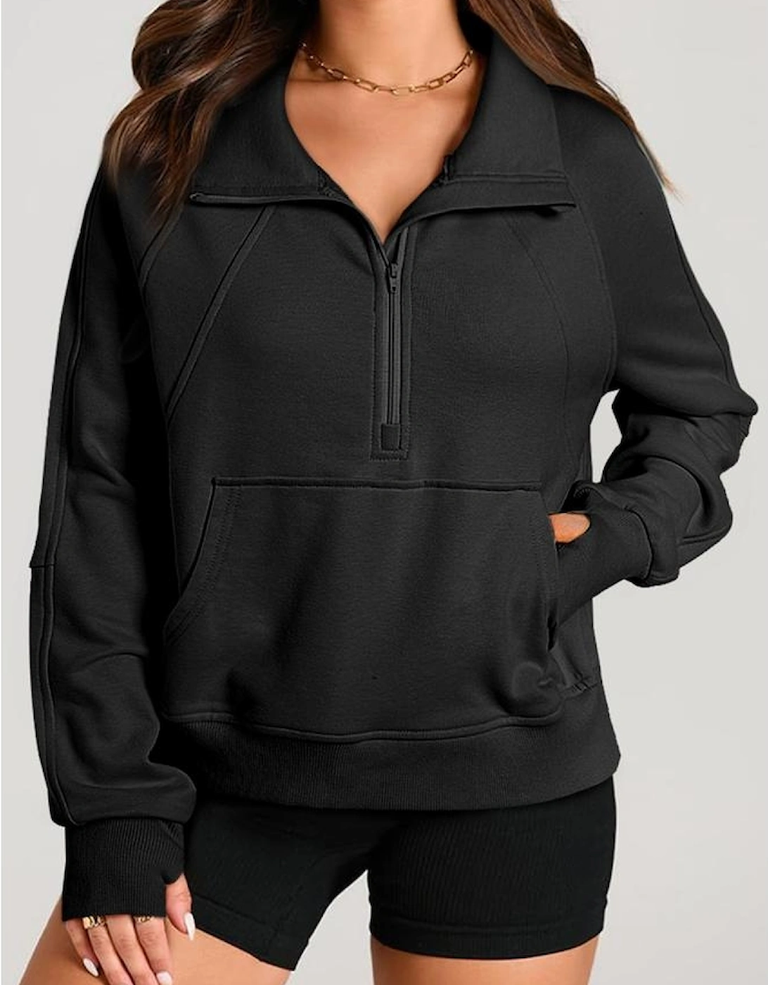 Black Quarter Zip Stand Neck Kangaroo Pocket Sweatshirt
