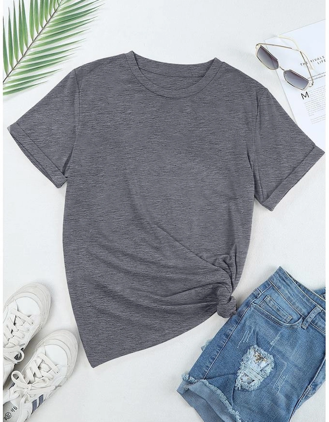 Gray Casual Plain Crew Neck Tee
