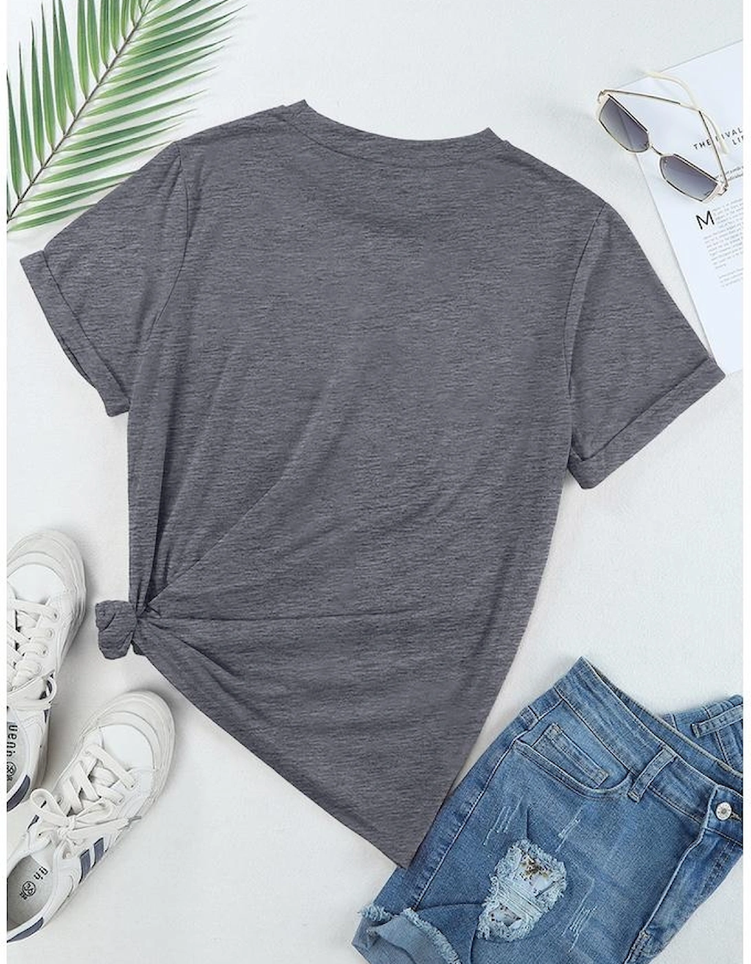 Gray Casual Plain Crew Neck Tee