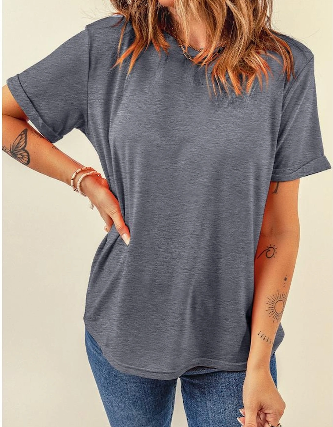 Gray Casual Plain Crew Neck Tee