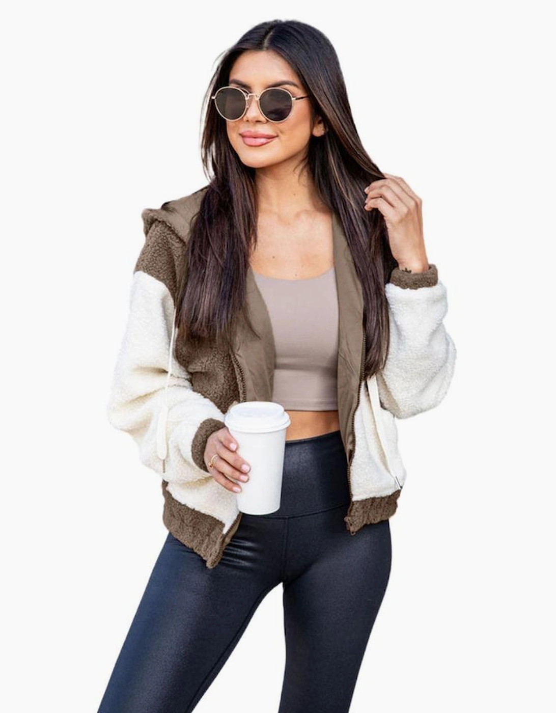 Brown Colorblock Hooded Zip-Up Pocketed Sherpa Jacket