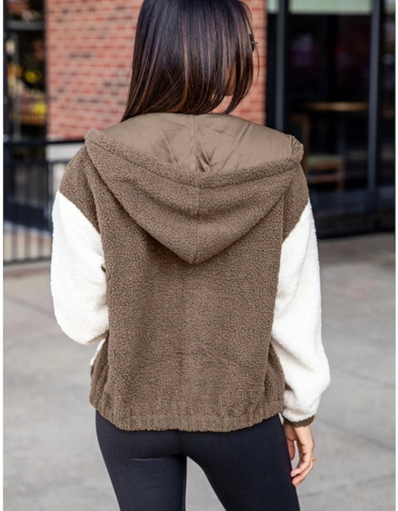 Brown Colorblock Hooded Zip-Up Pocketed Sherpa Jacket