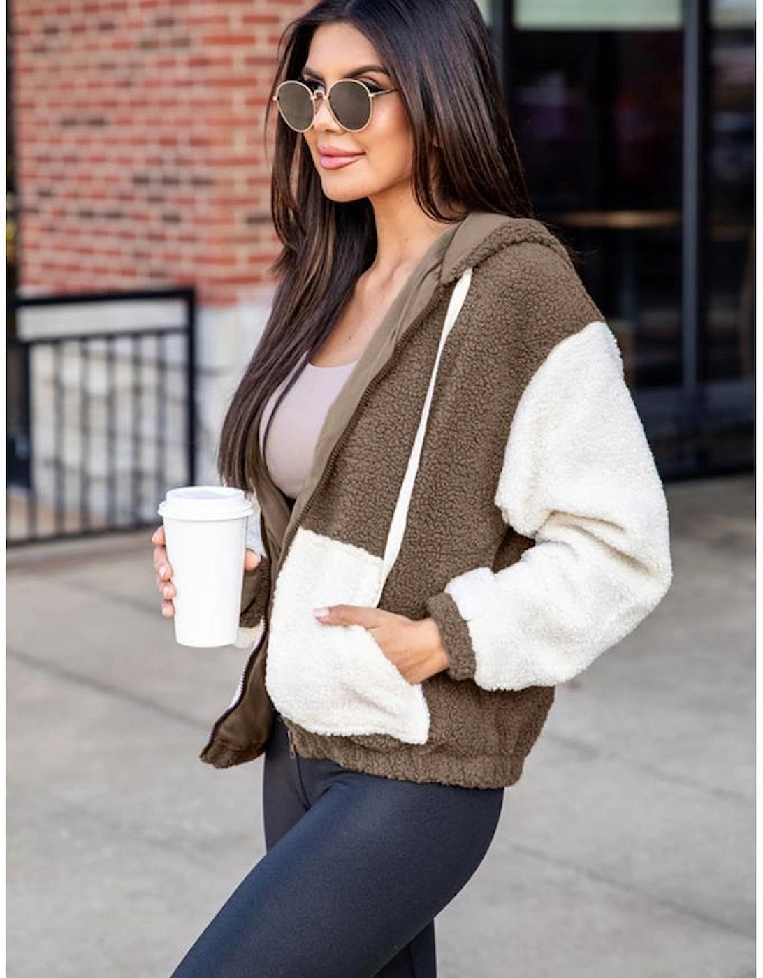 Brown Colorblock Hooded Zip-Up Pocketed Sherpa Jacket