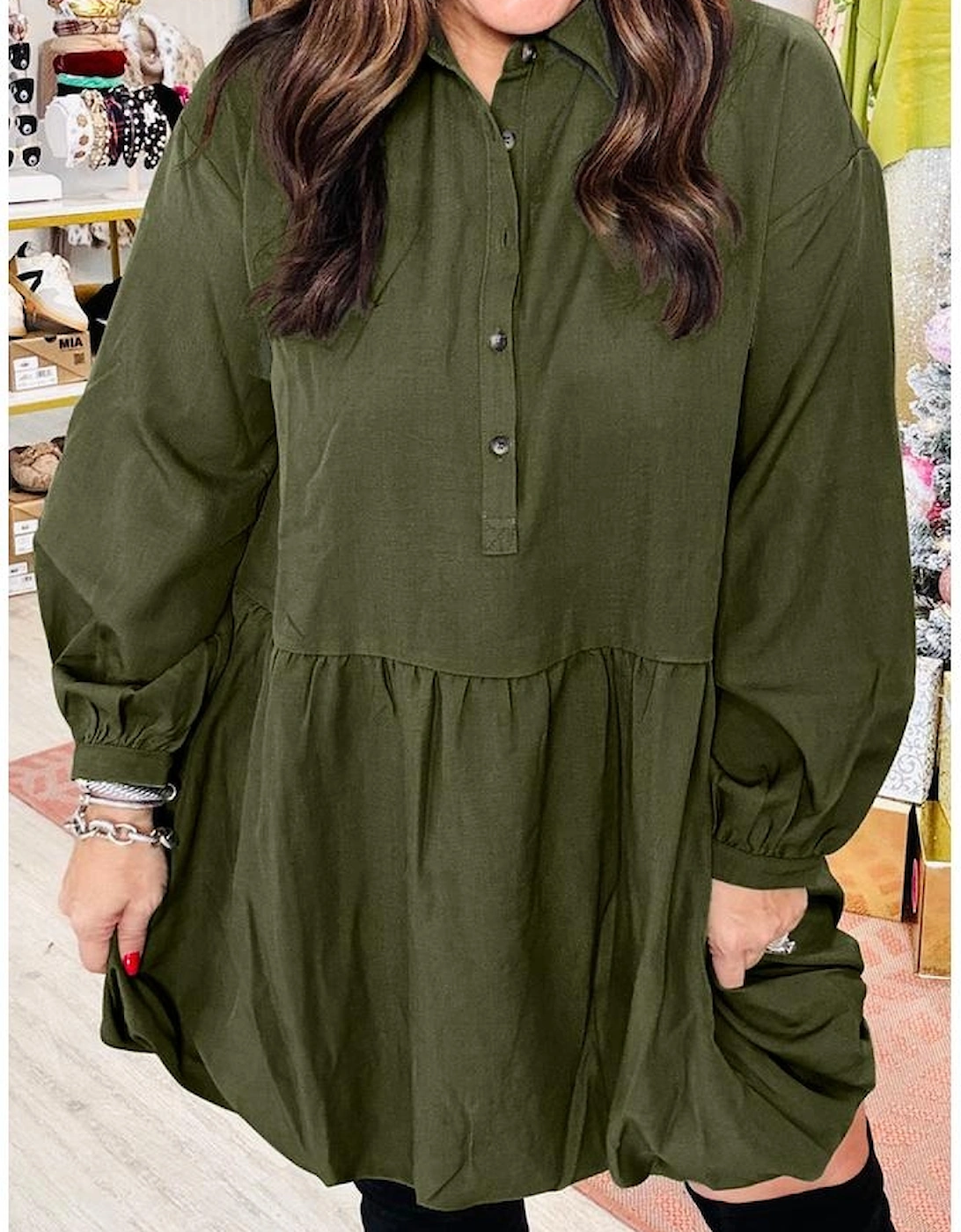 Four Leaf Clover Plus Size Collar Half Button Long Sleeve Ruffle Hem Mini Dress