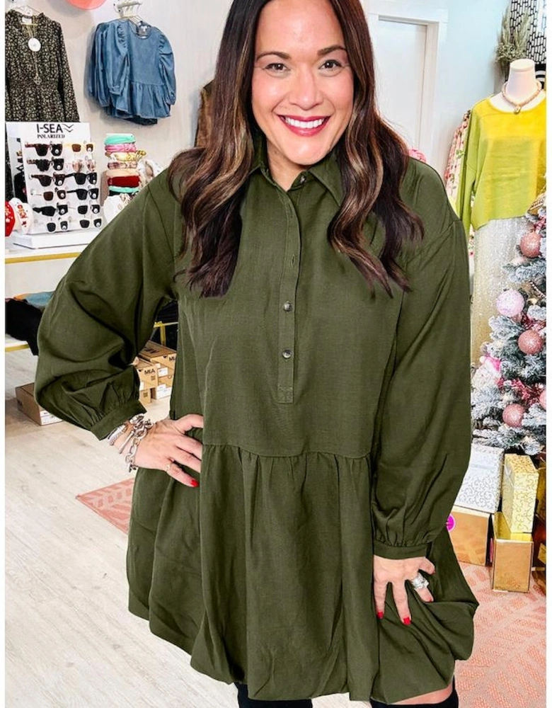 Four Leaf Clover Plus Size Collar Half Button Long Sleeve Ruffle Hem Mini Dress