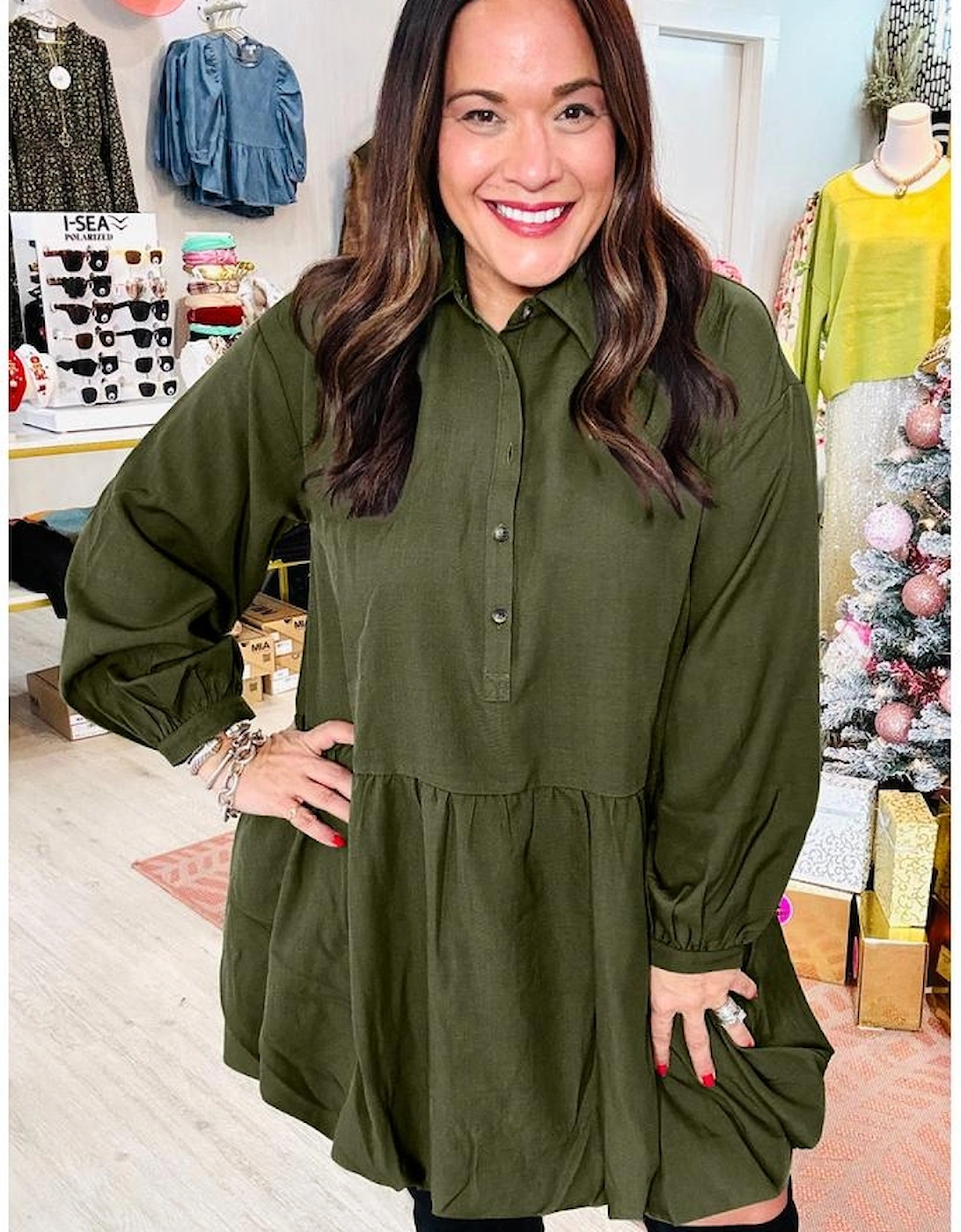 Four Leaf Clover Plus Size Collar Half Button Long Sleeve Ruffle Hem Mini Dress