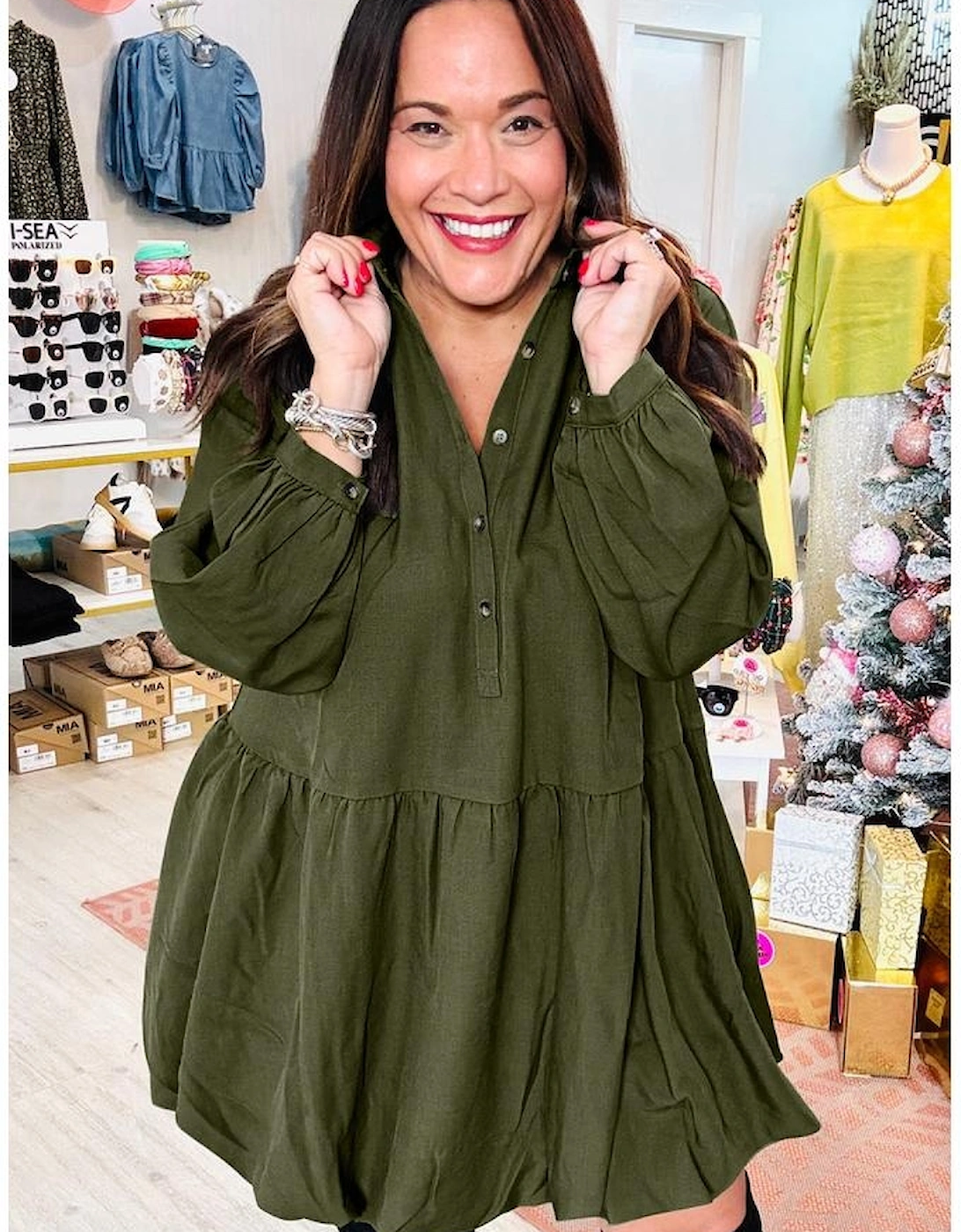 Four Leaf Clover Plus Size Collar Half Button Long Sleeve Ruffle Hem Mini Dress