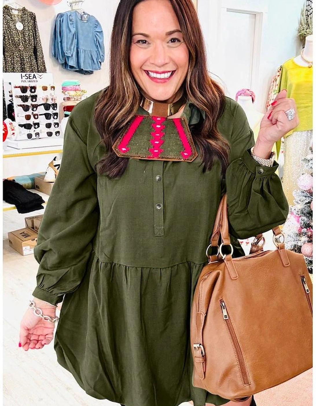 Four Leaf Clover Plus Size Collar Half Button Long Sleeve Ruffle Hem Mini Dress