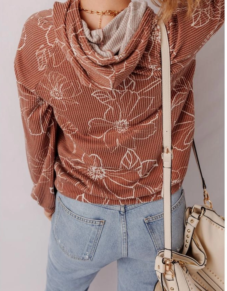 Brown Floral Twisted Rib Drawstring Kangaroo Pocket Hoodie
