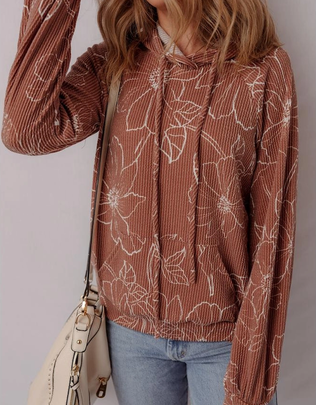 Brown Floral Twisted Rib Drawstring Kangaroo Pocket Hoodie