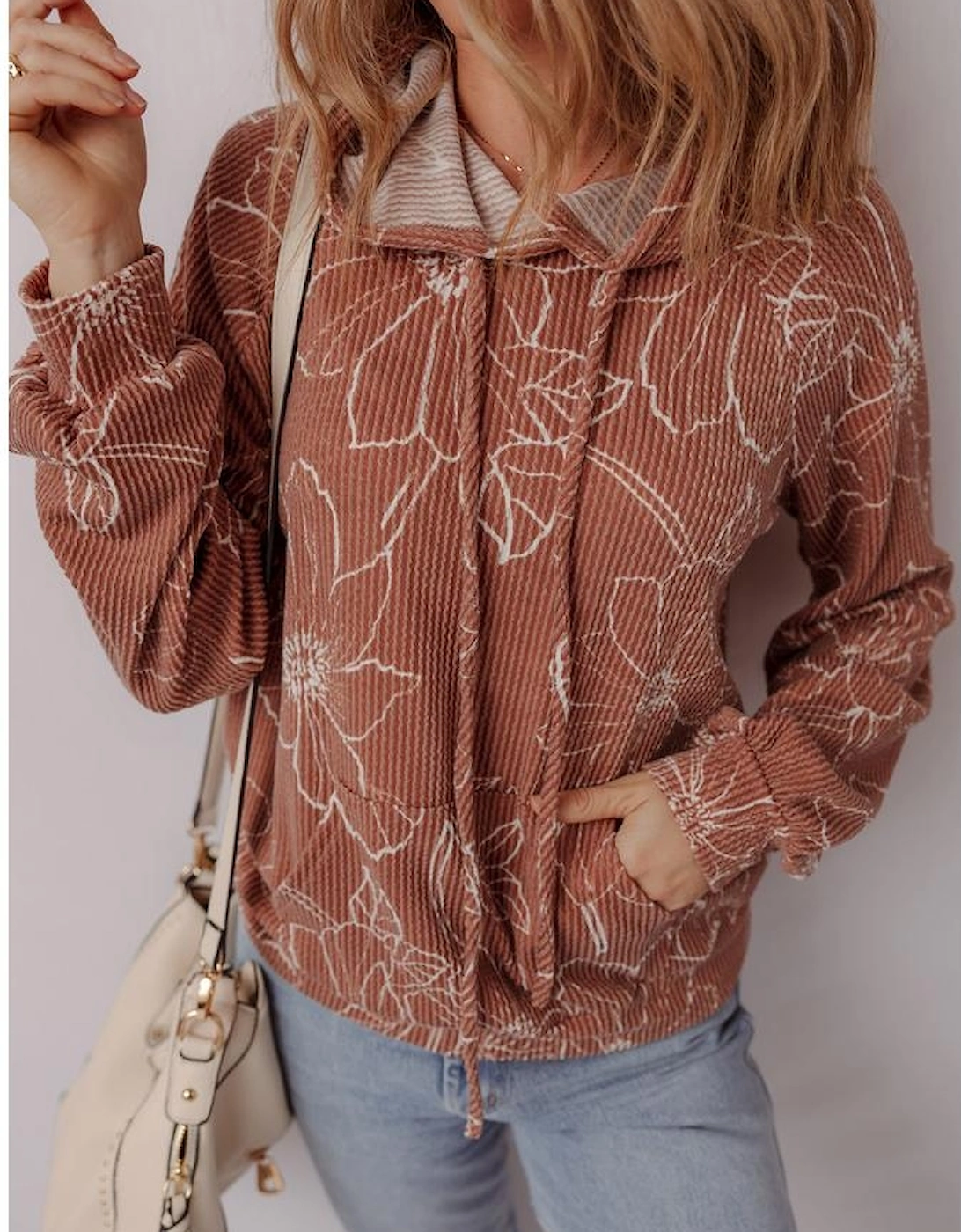 Brown Floral Twisted Rib Drawstring Kangaroo Pocket Hoodie