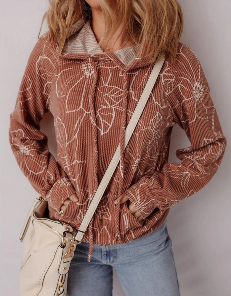 Brown Floral Twisted Rib Drawstring Kangaroo Pocket Hoodie