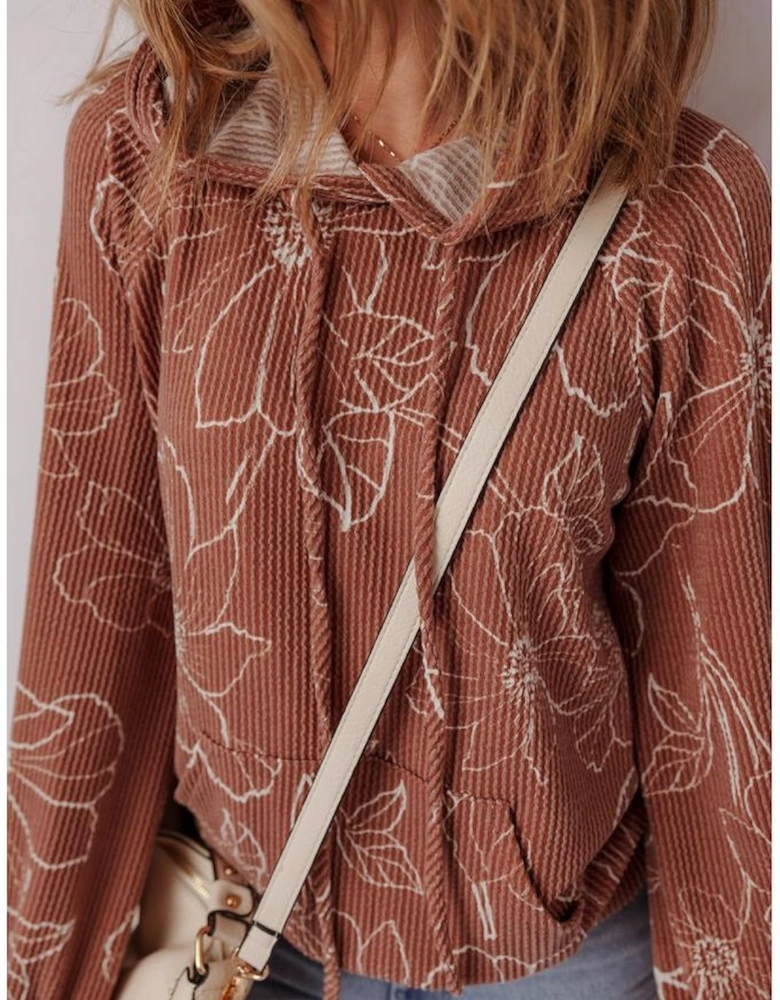 Brown Floral Twisted Rib Drawstring Kangaroo Pocket Hoodie