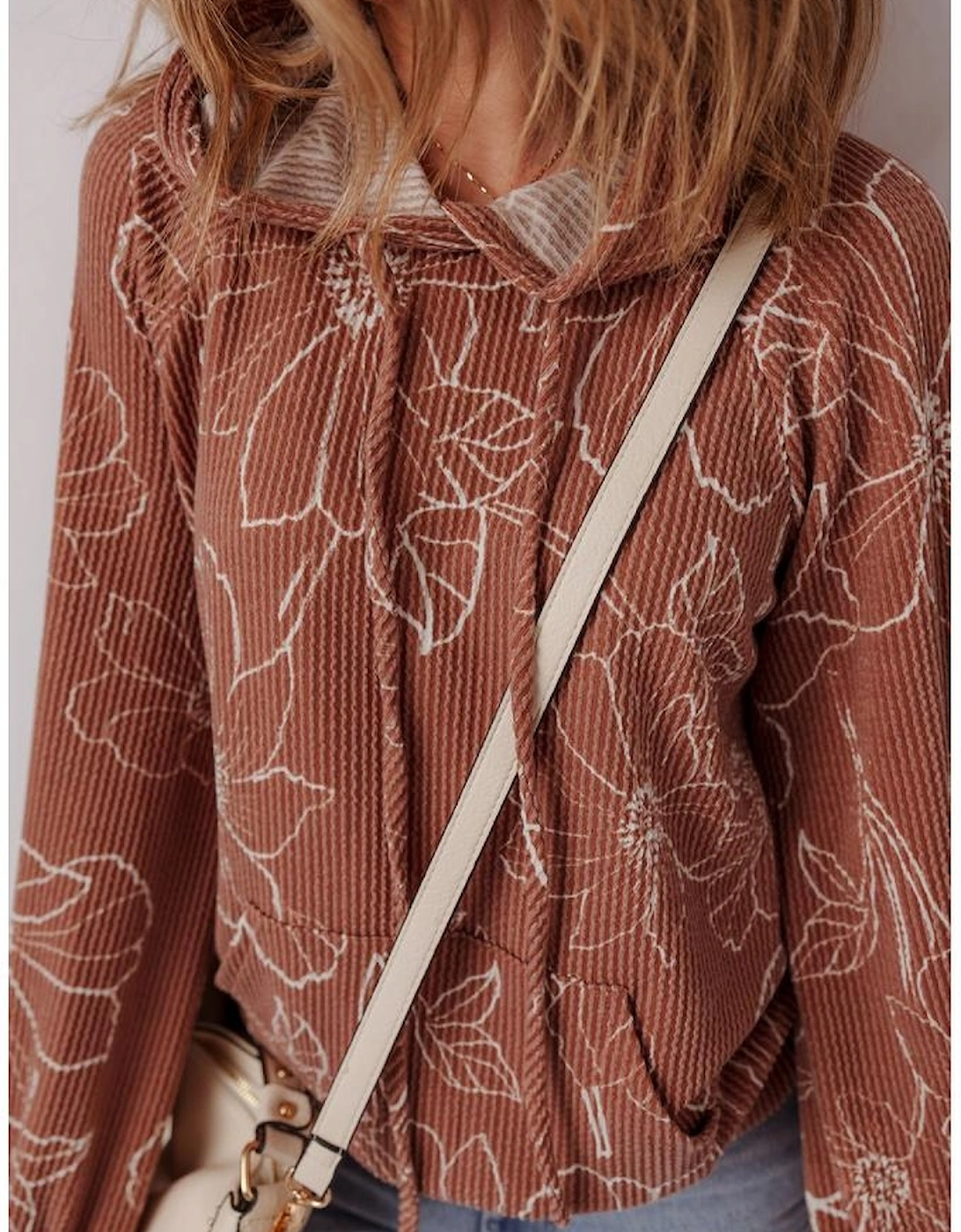 Brown Floral Twisted Rib Drawstring Kangaroo Pocket Hoodie