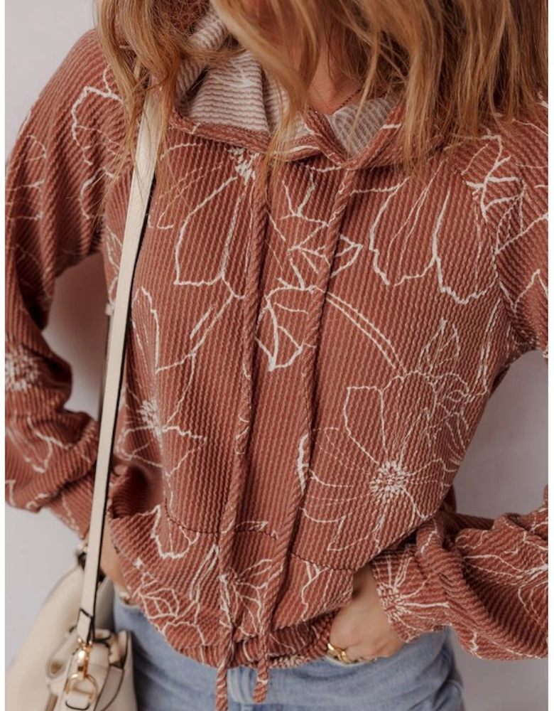 Brown Floral Twisted Rib Drawstring Kangaroo Pocket Hoodie