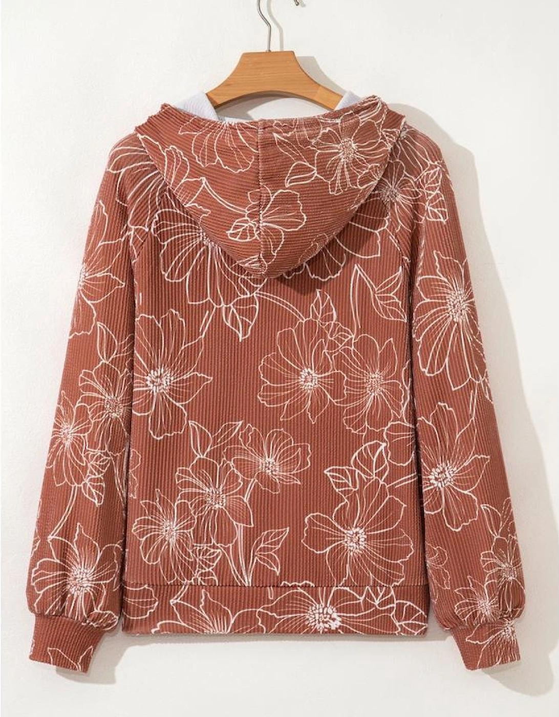 Brown Floral Twisted Rib Drawstring Kangaroo Pocket Hoodie