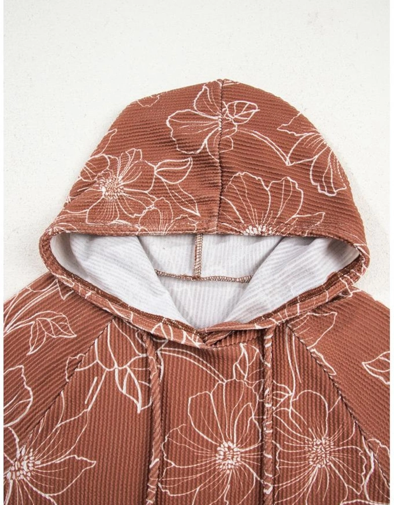 Brown Floral Twisted Rib Drawstring Kangaroo Pocket Hoodie